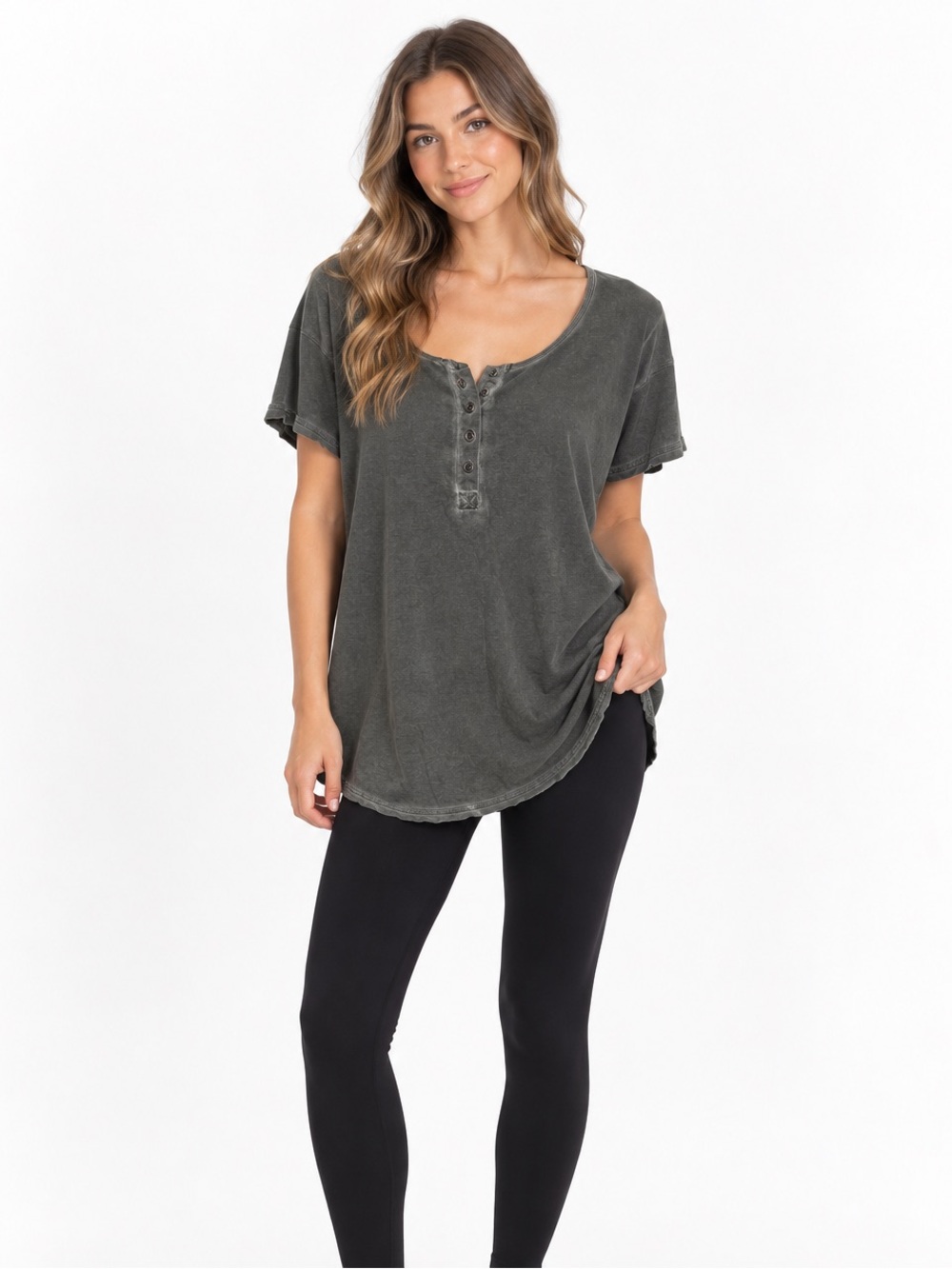 Soft Relaxed Fit Olive Short-Sleeve Henley Top - Women's